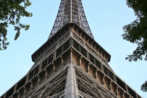 looking up the eiffel tower from the north pillar on a summer evening 0954