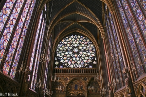 panorama of stained glass centered on the rose window sainte chapelle cathedral paris 1248