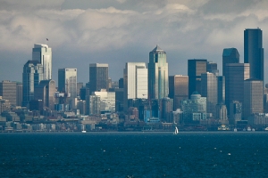 seattle skyline in dramatic contrast from ferry crossing elliot bay 3 panoramic 3525 buff black